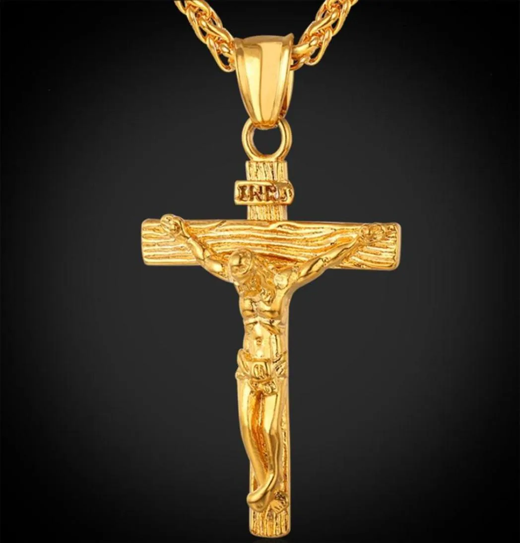 Colgante de cruz crucifijo para hombre con cadena, joyería de bautismo, collar de Jesús antiguo de acero inoxidable/oro de 18 quilates YS31924868306