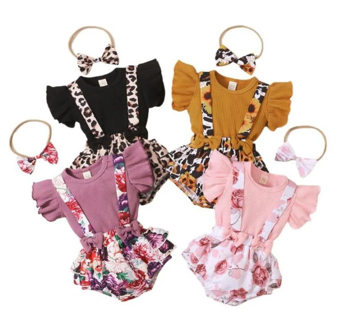 Conjuntos de roupas Bebê Menina Outfits 018m 3 Pcs Infantil Meninas Roupas Ruffles Manga Sólida Camisetas Flores Macacões Shorts Headband4273846