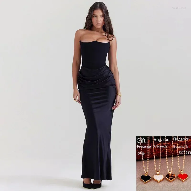 Casual Kleider 2024 Sexy Liebsten Weg Schulter Bodycon Maxi Kleid Frauen Mode Plissee Satin Patchwork Lange Roben Weibliche Elegante Party