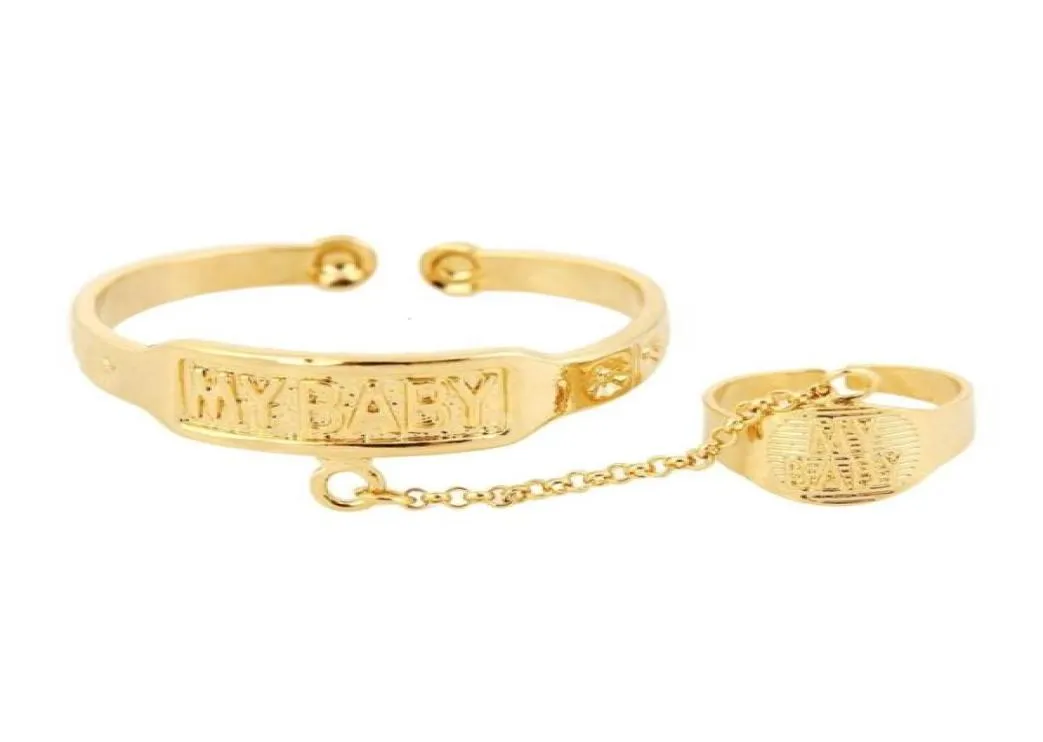 Pulseira e anel banhado a ouro 24K com letras esculpidas na moda My Baby Pulseira para bebês e crianças 92102651404849