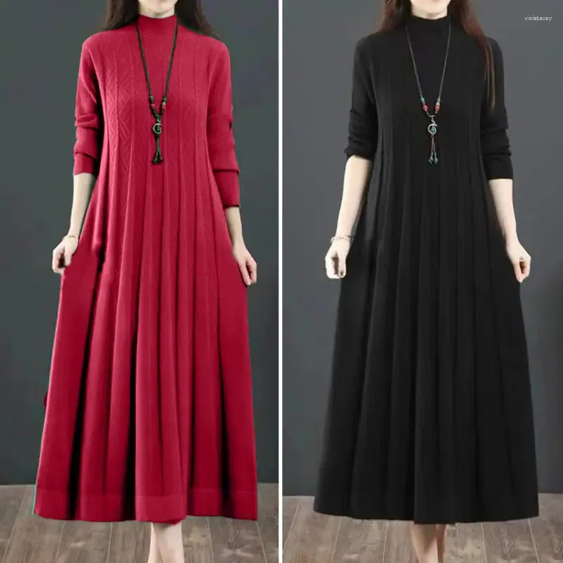 Casual Dresses Loose Waistline Dress Cozy Knitted A-line Midi With High Collar Pleated Hem For Women's Fall Winter Wardrobe