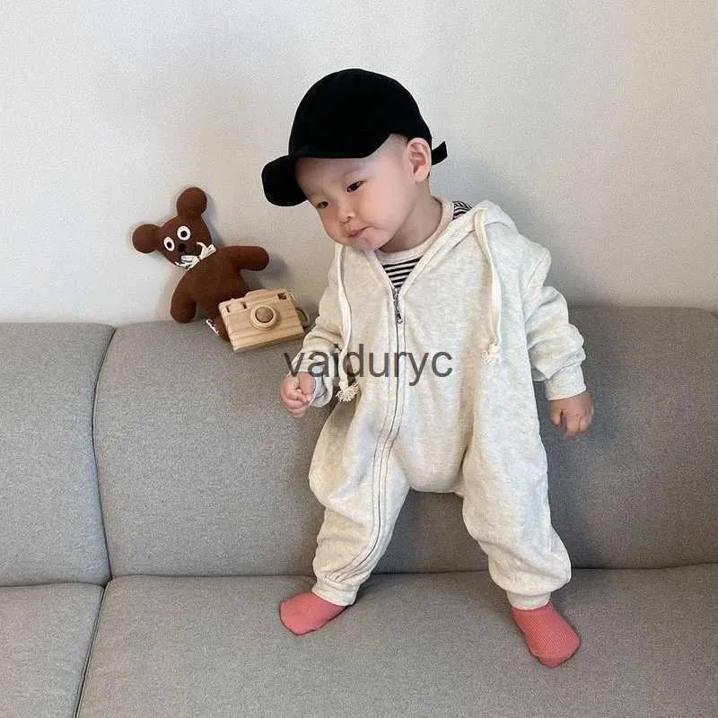 Pullover Autumn Baby Casual Romper Löst nyfödd tröja långärmad barn huva jumpsuit liten flicka blixtlås päls småbarn pojke kläder h240508