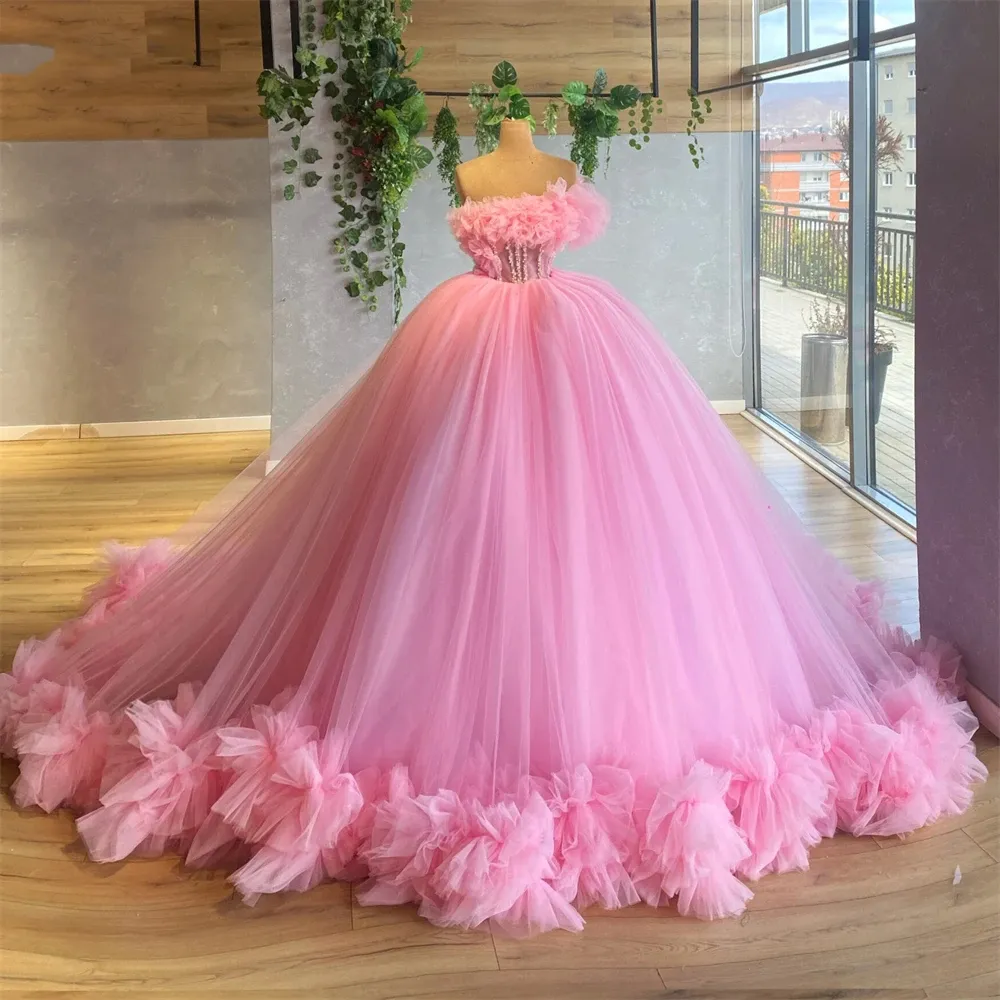 Pink One-Shoulder Baby Tulle Ball Gown with Ruffle and Lace-up