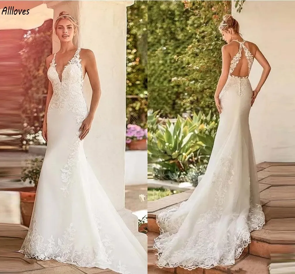 Elegant Ivoor Satijn Zeemeermin Trouwjurken met Bandjes Kant Geappliceerd Boho Tuin Bruidsjurken Grote maten Sweep/Brush train Ruglooze Receptie Bruid Robes de Mariee CL3205