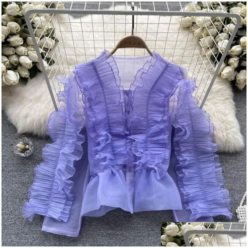 Blouses Femmes Chemises Blouses Femmes Blusas Feminino Chic Col En V Doux Volants Noir Blanc Organza Chemise Automne Manches Longues Simple Dh1Ey