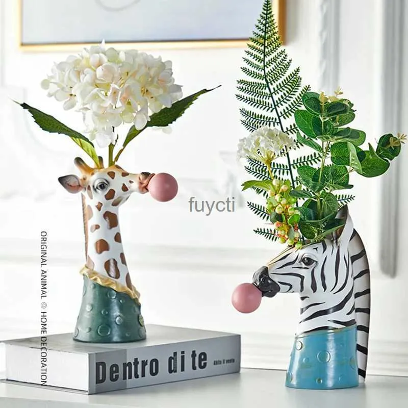 VASE現代の動物ヘッドハンドペインティングVase Giraffe Zebra Bear Panda Resin Deculent Flower Pot Plants Vase Vase New YQ240117
