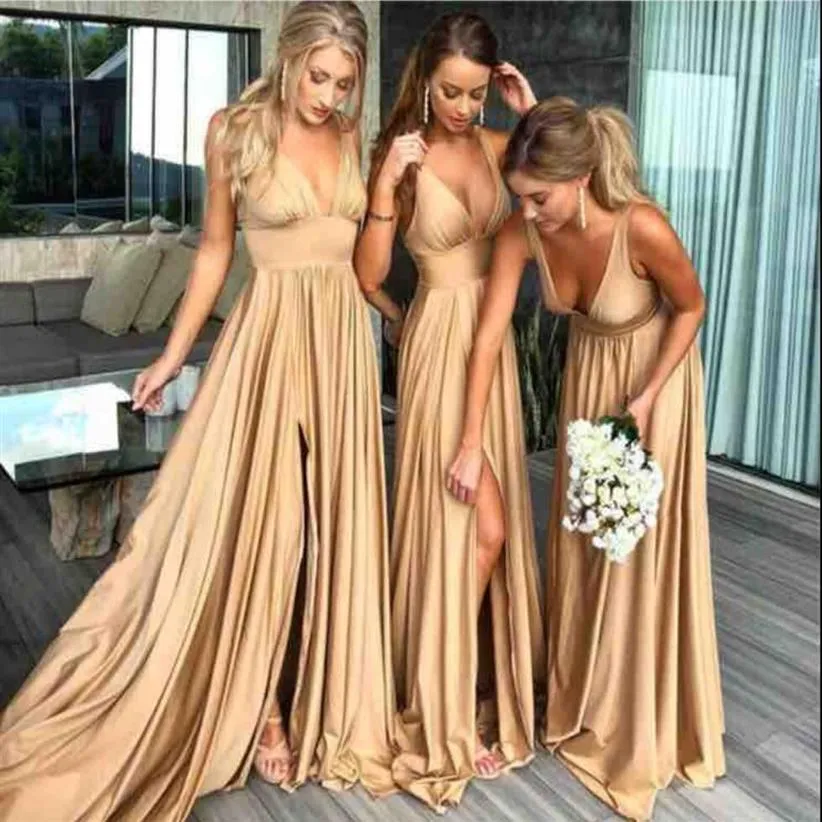 Gold Bridesmaid Dresses Deep V Neck Soft Silk Side Split Sweep Train A Line Sexy Prom Dress Party Wear Junior Bridesmaid Dress2166