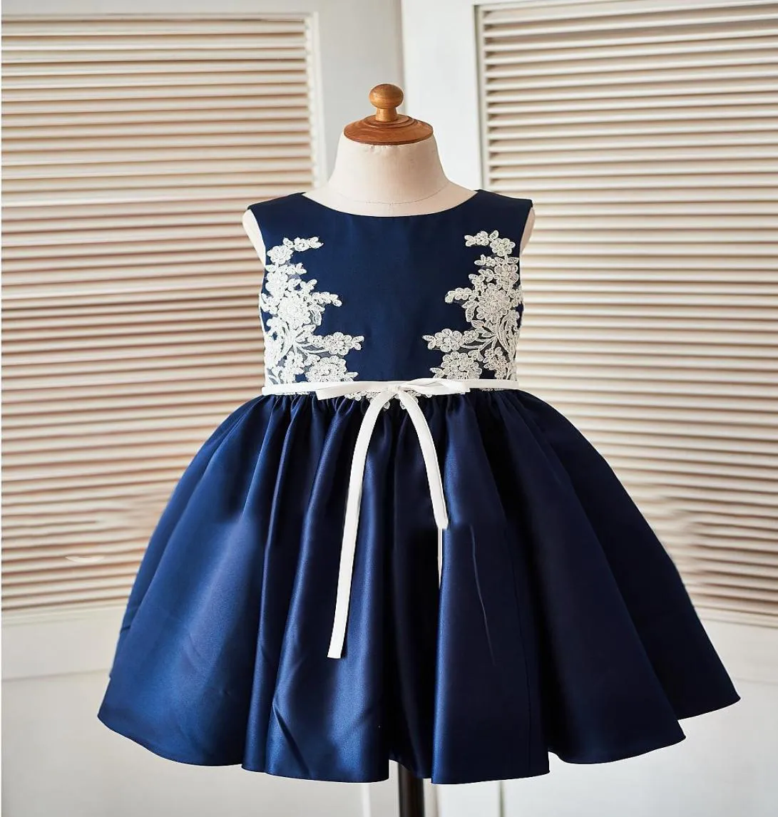 Lovely Navy Blue Satin Applique TeaLength Girl039s Pageant Dresses Flower Girl Dresses Princess Party Dresses Custom Made 2145653210