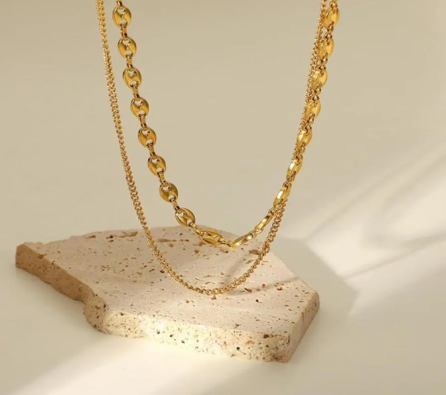 Pendanthalsband Dubbelskikt kaffeböna rostfritt stål halsband smycken vattentät 18k guld choker kedja non tarnish4227400