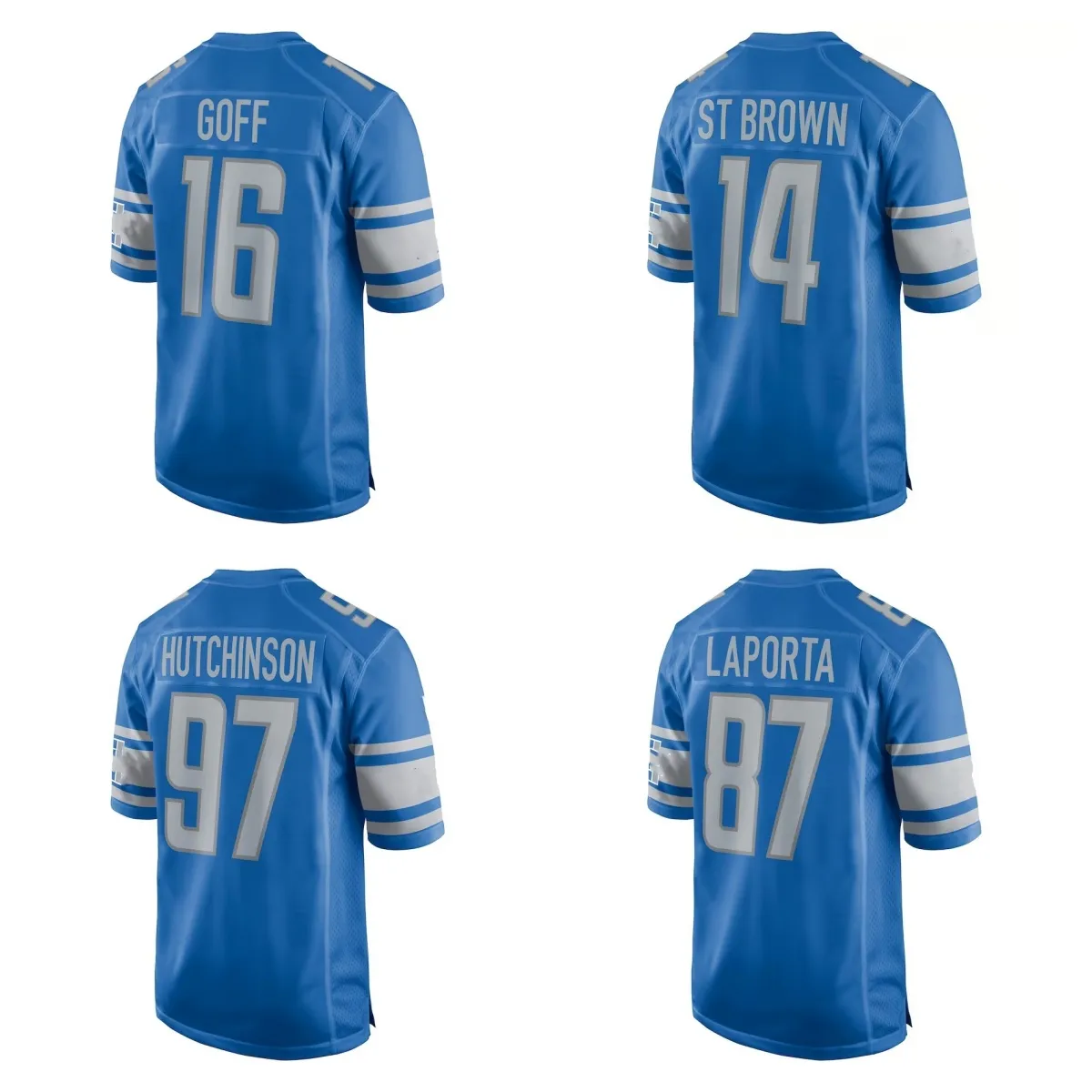 Fußballtrikot St Brown 14 Jared Goff 16 Aidan Hutchinson 97 Sam LaPorta 87 Sanders 20 Blau Weiß und Grau Farbe Herren Größe S-XXXL Genähte Trikots