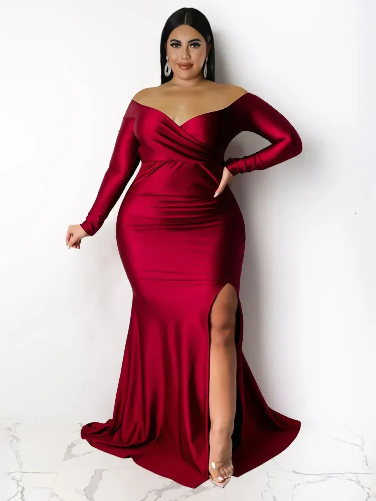 Formal Burgundy Plus Size Gowns Maxi Dress With V Neck Evening Dress For  Curvy Figure Plus
