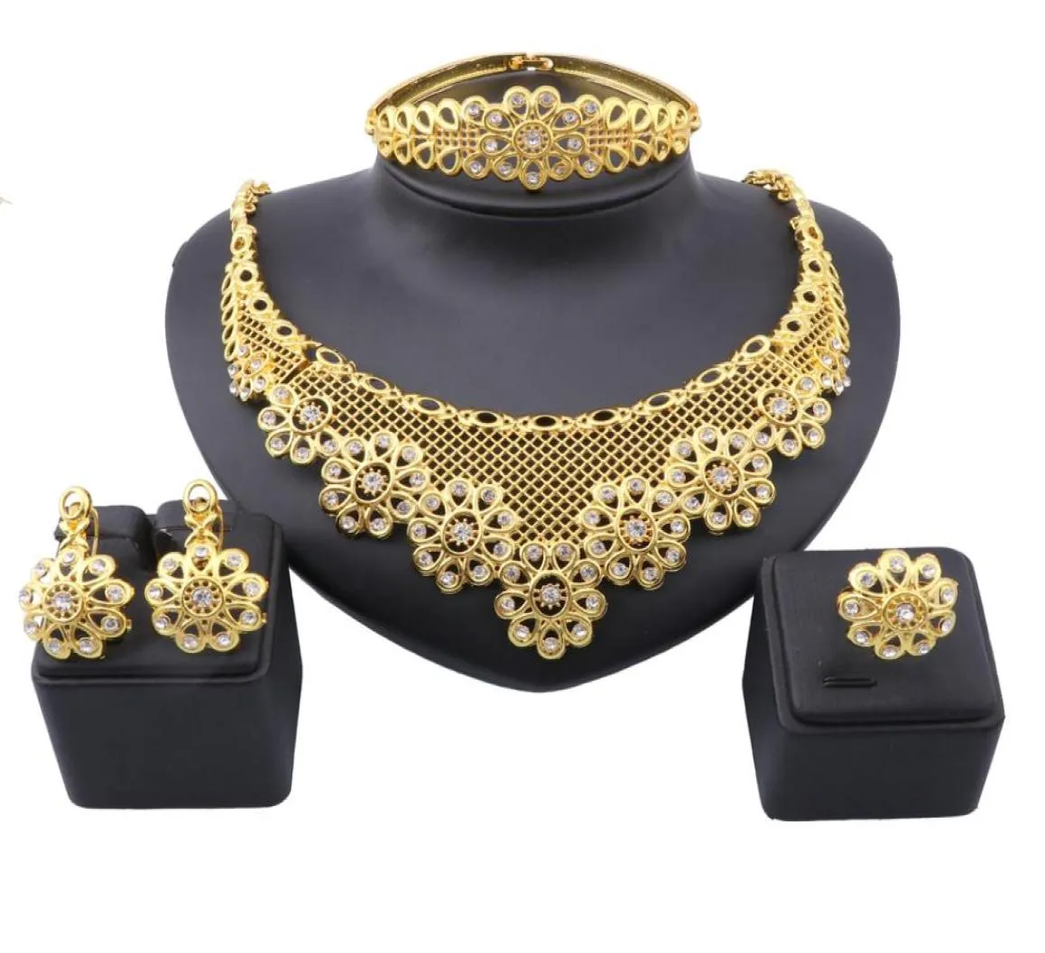 Luxo amarelo ouro cor flor cristal conjunto de jóias para mulheres colar pulseira brincos anel casamento nupcial jóias sets2660777