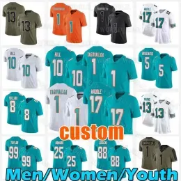 ''Dolphins''10 Hill Football Jersey 1 Tua Tagovailoa Jaylen Waddle Teddy Bridgewater Dan Marino Mike Gesicki Jevon Holland Xavien Howar