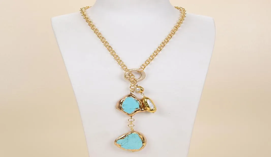 GuaiGuai Sieraden Witte Biwa Parel Turquoise Lariat Ketting Voor Vrouwen Echte Edelstenen Steen Dame Mode Sieraden2333938