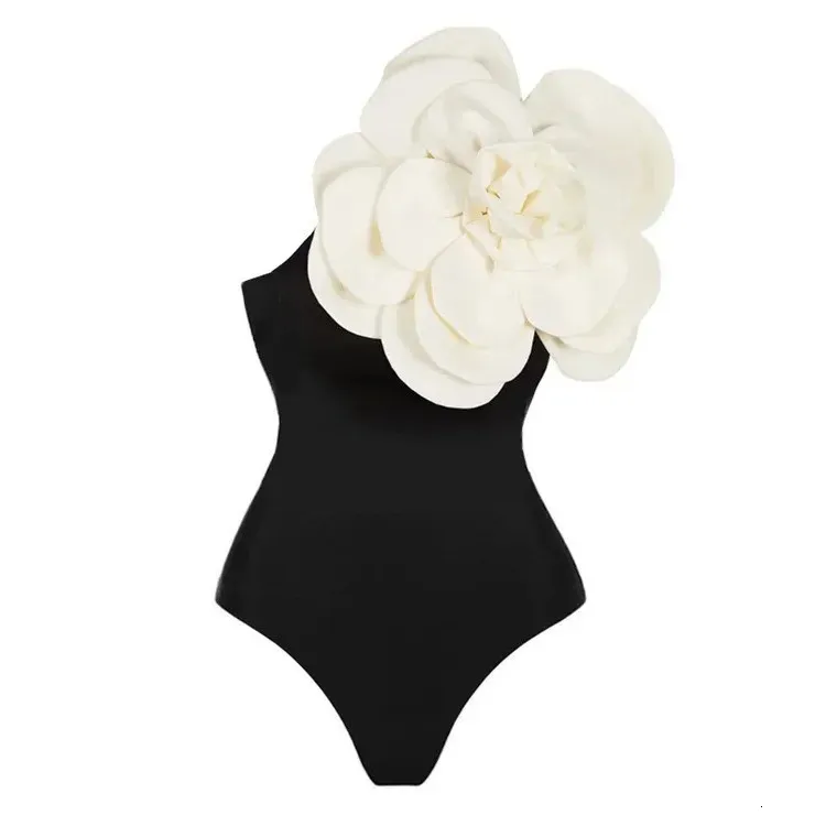 Women Swimsuit Simple Solid Color One-Piece with Cluster Decoration in Black/White on the Shoulders Fashionable and Elegant 240116