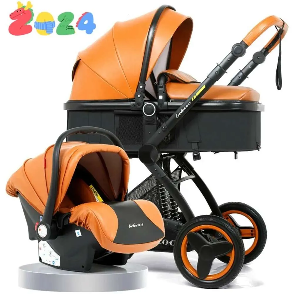 Luxury Pu Designer Leather Fashion 3in1 Baby Barnvagn Korg Högt landskap kan vila vikta barnvagnssäsonger Universal Baby Car Seat