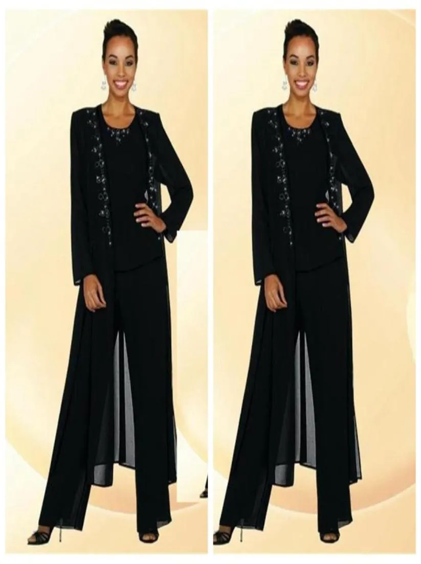 2016 Black Chiffon Mother Of The Bride Pant Suits Beaded Collar Long Sleeve Coat Custom Formal Evening Dresses7784361