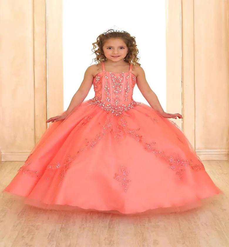 Coral Luxury Princess Ball Gown for Girls Pageant Dresses 2022 Sleeveless Flower Girl Dress With Jacket Beaded Little Girl9833936
