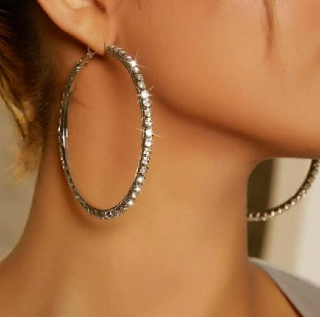 Boutique Hiphop Brand Crystal Large Hoop Earrings Gold Silver Tone Big Rhinestone Clip on Circle Earring for Women Youth Personali9293004