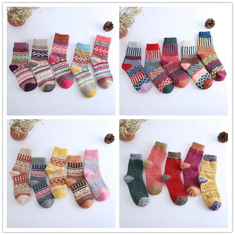 5 Styles chaussettes en laine femmes hiver thermique chaud femme équipage mode coloré épais chaussettes dames décontracté style National chaussette ZZ