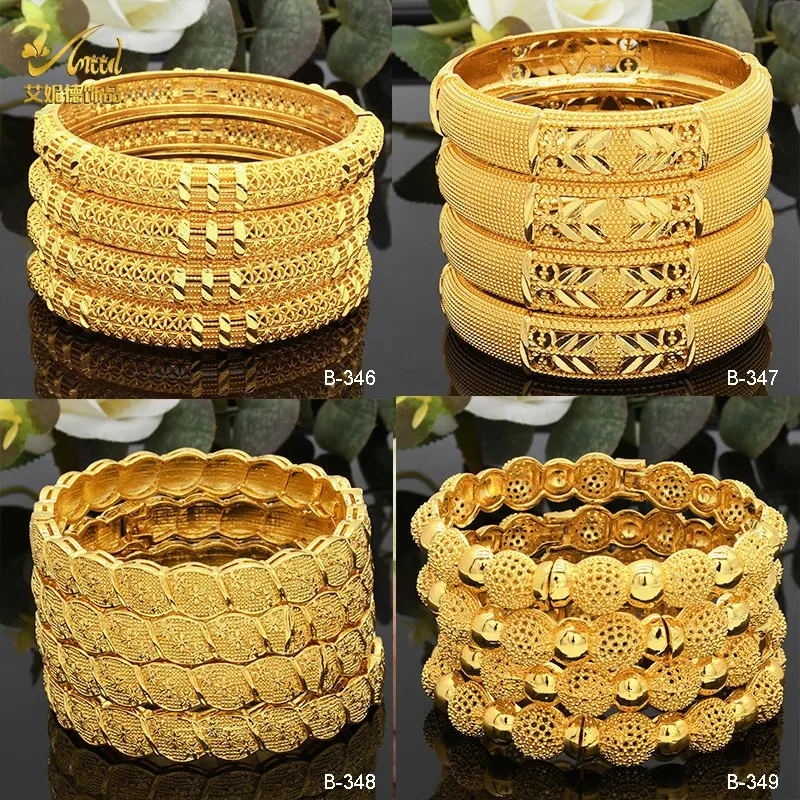 Luxury Dubai Gold Color Bangles for Women 24k Gold Plated Indian African Armband Charm Wedding Etiopian Arabic Hand Smyckes 240117