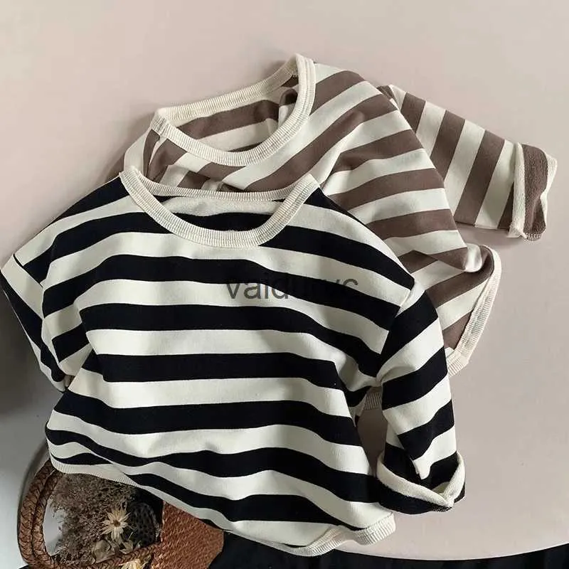 Pullover 2024 Spring Autumn New Children Casual T Shirt Loose Kids Striped T Shirts Cotton Tee Boys Girls Long Sleeve Tops Baby Clothes H240508
