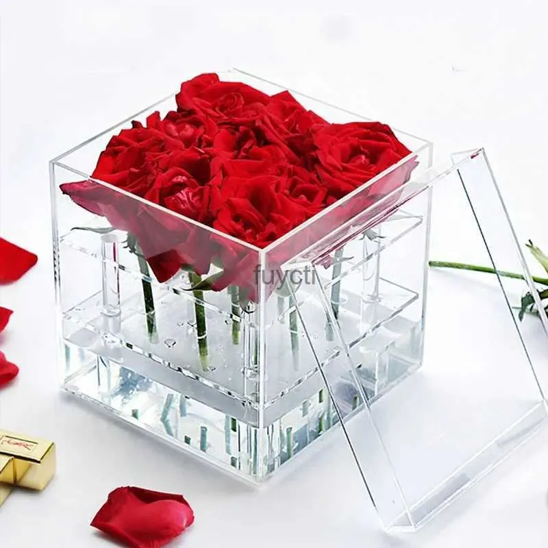 Vases Clair acrylique Rose fleur boîte maquillage organisateur fleur cadeau boîte saint valentin mariage décor coffret cadeau fait main boîte cadeau Vase YQ240117