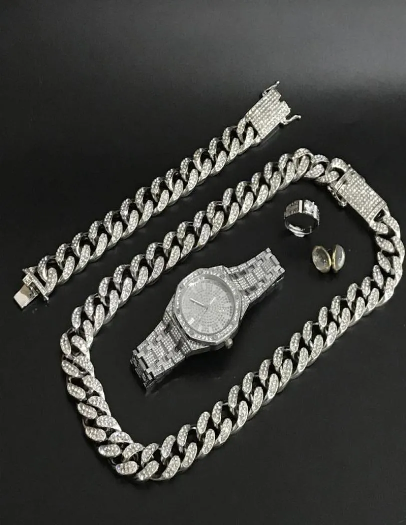 Herrenuhr aus Silber, Hip-Hop-Herrenuhr, Halskette, Armband, Ring, Ohrringe, Kombi-Set, kubanischer Hip-Hop für 3738711