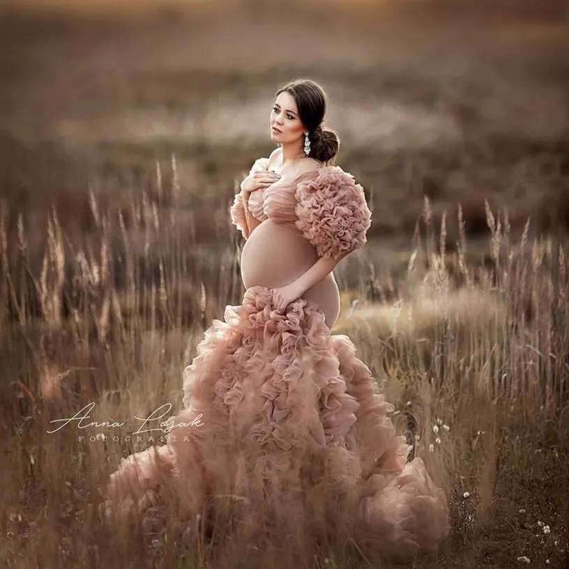 2020 Vestidos de maternidad nupciales con volantes florales Raja atractiva Manga hinchada Elásticos por encargo Vestidos de fiesta de sirena de las mujeres más Size325Q