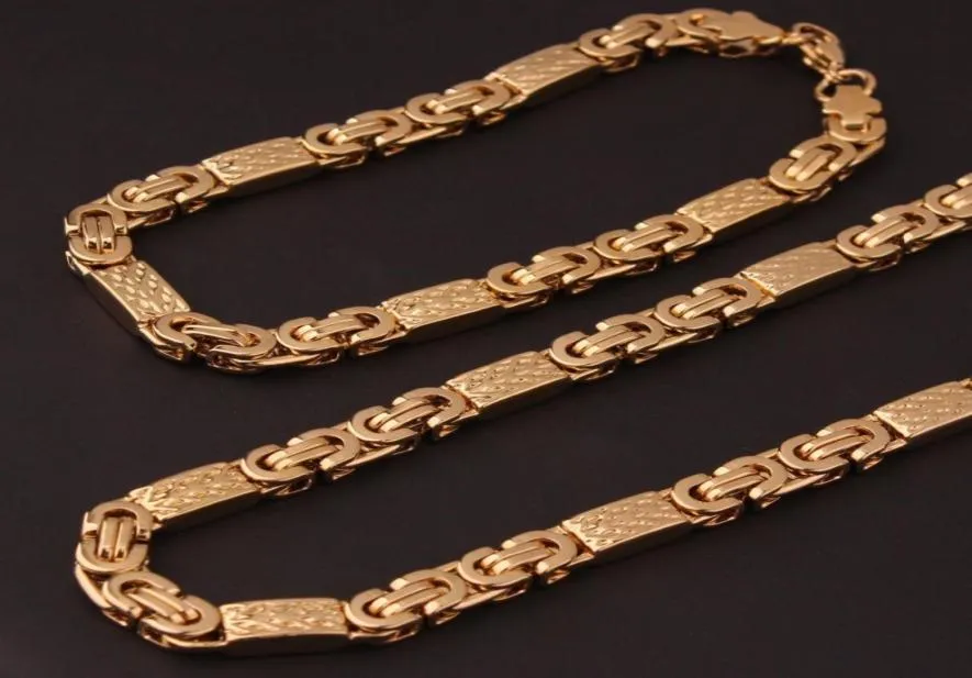 Złoty odcień 6 mm8mm 316L Naszyjnik ze stali nierdzewnej i bransoletka Bizantyjska płaska biżuteria Zestaw biżuterii Męs