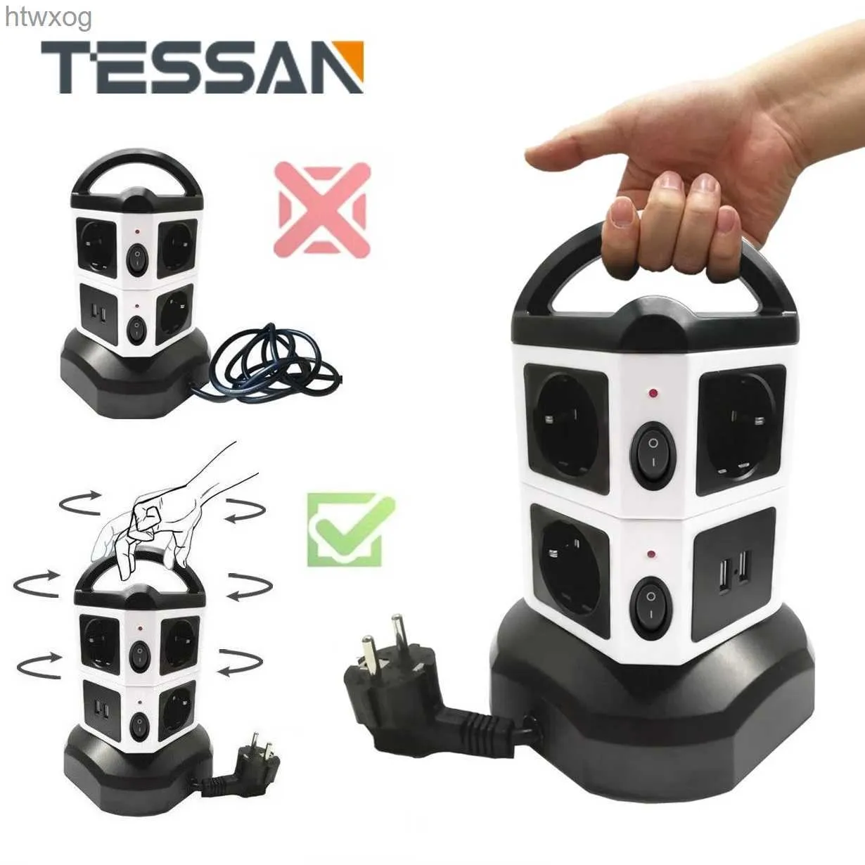 Spina per cavo di alimentazione TESSAN EU Presa multipla Presa a torre verticale con 6/10/14 prese 4 Interruttori USB indipendenti Cavo da 2 m per la casa YQ240117