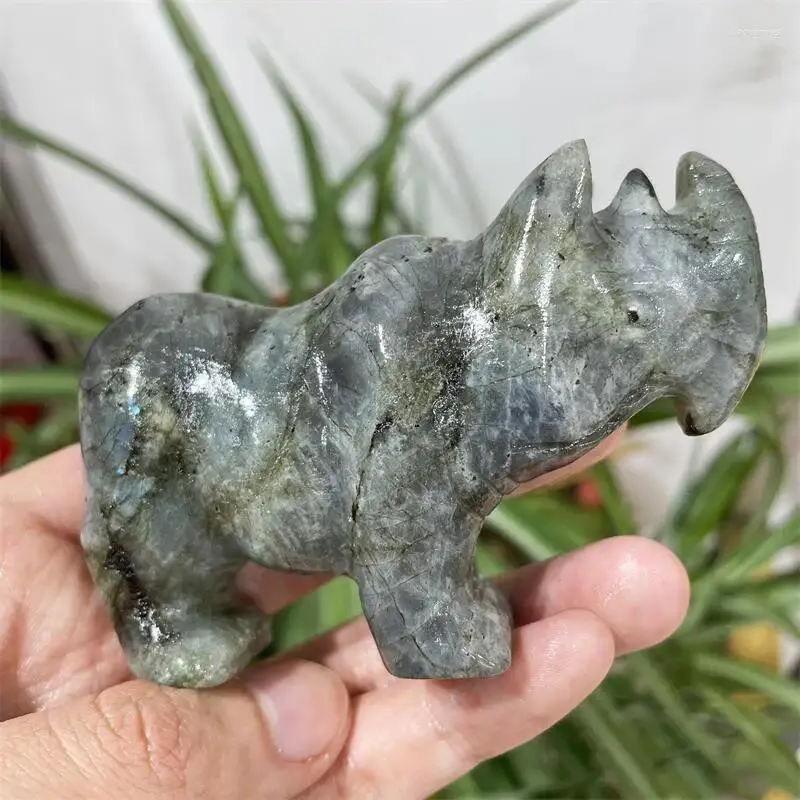 Dekorativa figurer 9cm Natural Labradorite Rhinoceros Crystal Animal Carving Healing Energy Stone Home Decoration Birthda