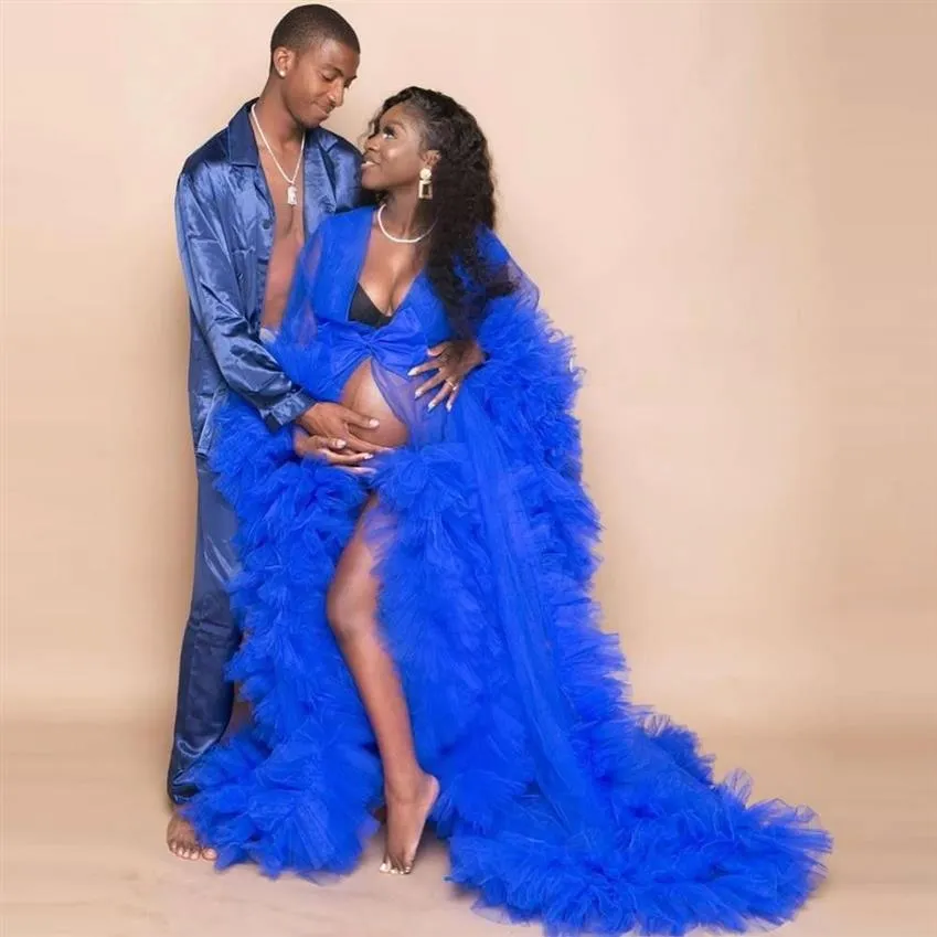 Azul real vestidos de noite para grávidas mangas compridas mulheres plus size vestidos de festa ver através de tule puro maternidade robe213w