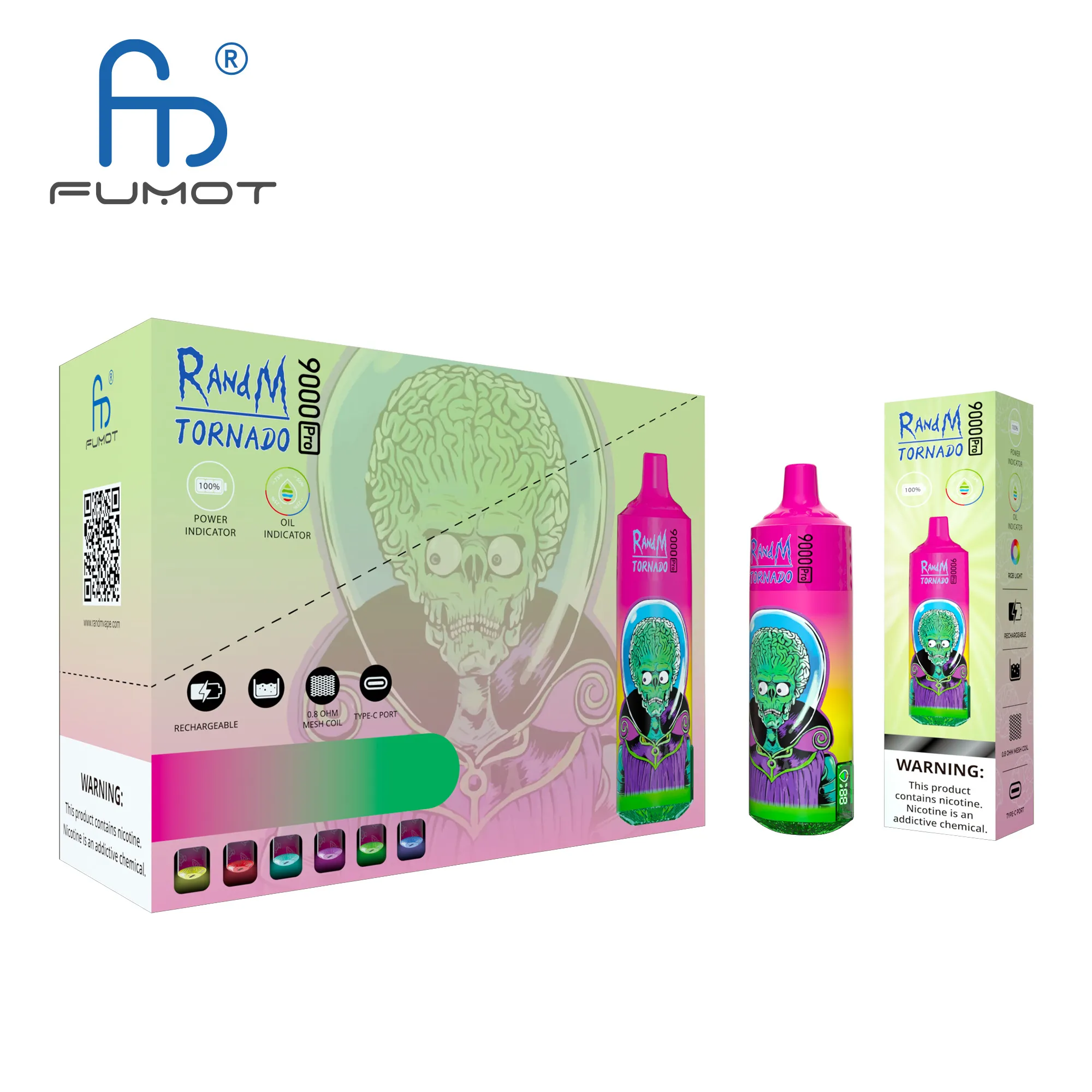 Fumot RandM Tornado 9000 Pro trekjes e-sigaret Wegwerp Vape Pen Kit Oplaadbaar 18 ml scherm