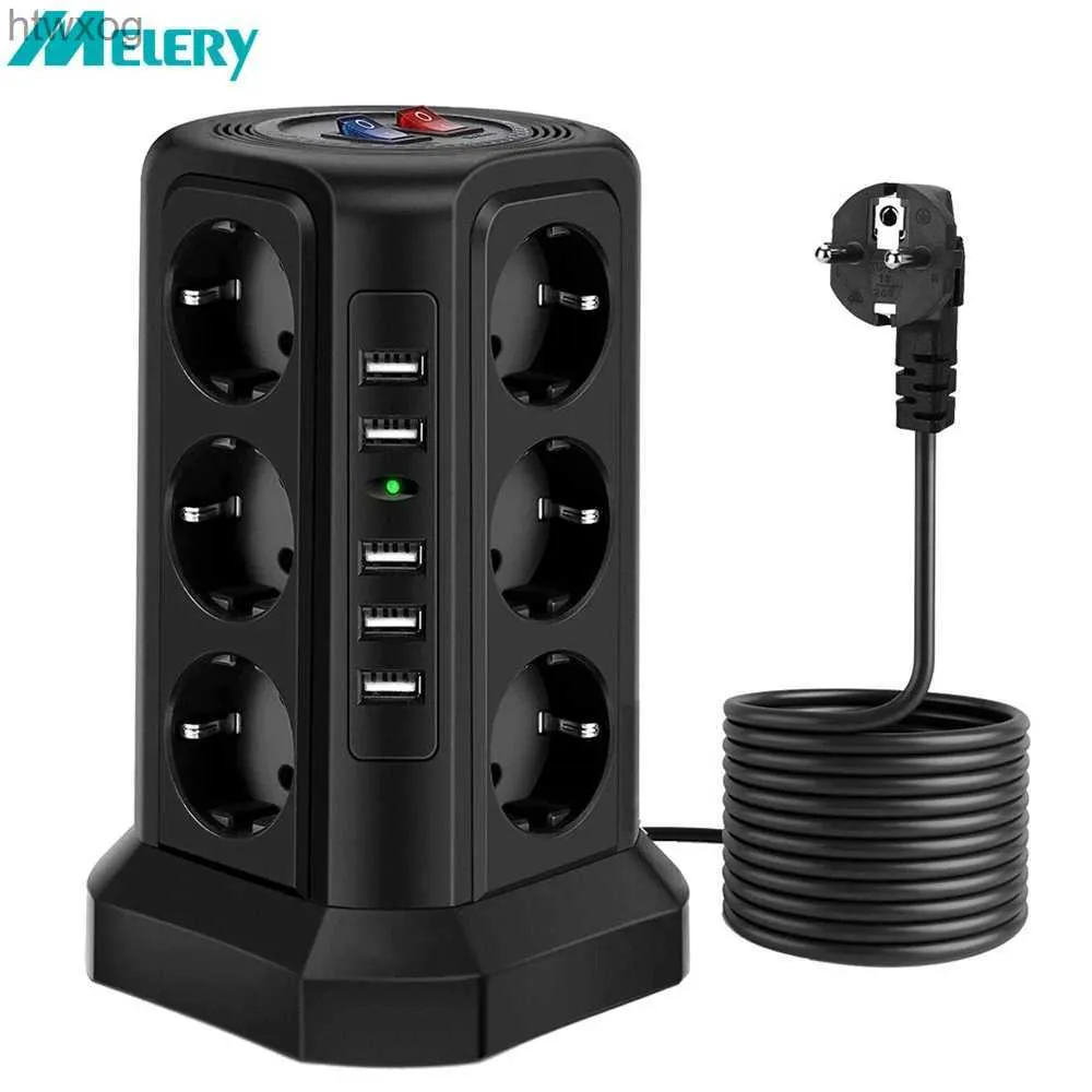 Power Cable Plug Tower Multiple Power Strip Vertical EU Plug 12 Way Outlets Sockets med USB Surge Protector Circuit Protection 2M Förlängningsladd YQ240117