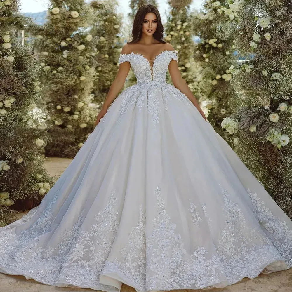 2024 свадебное платье принцессы трапециевидной формы, расшитое бисером, с открытыми плечами, кружевные аппликации, свадебные платья, Vestidos De Novia Robe De Mariee