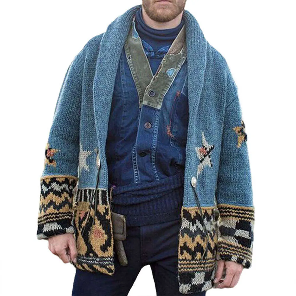 Camicia lavorata a maglia jacquard autunno/inverno moda uomo con colletto polo, cardigan di media lunghezza, cappotto maglione