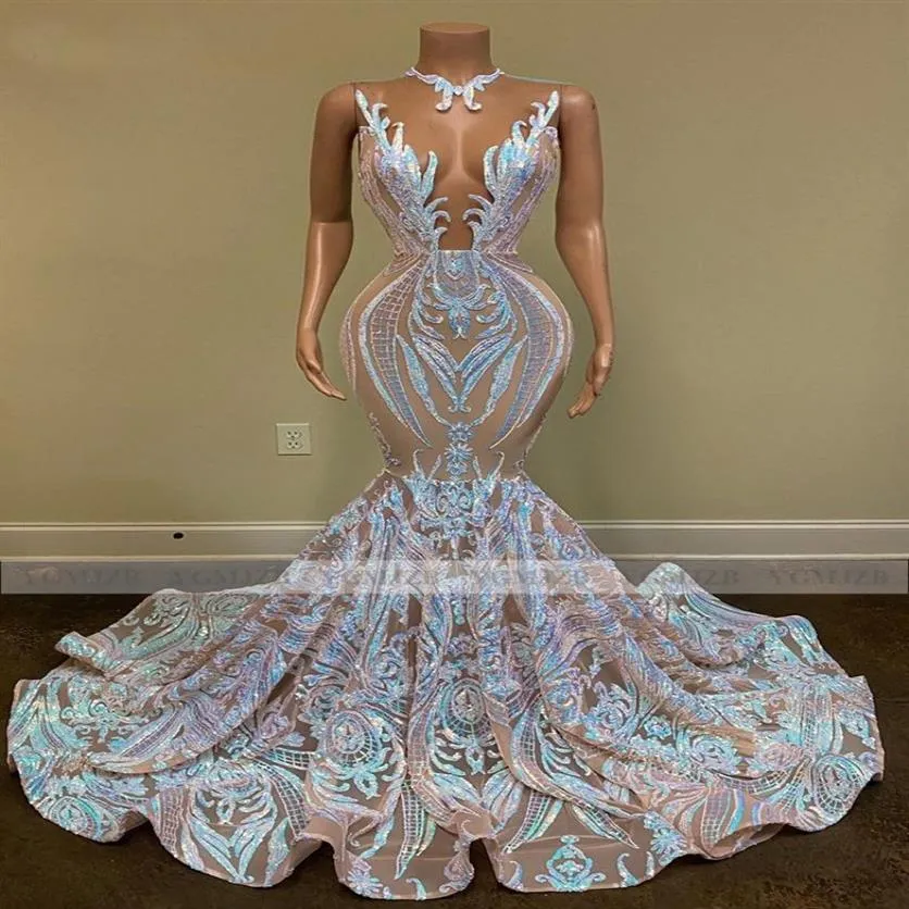 Zwarte Meisjes Sparkly Pailletten Lange Prom Jurken 2022 Sexy Sheer O Hals Zeemeermin Afrikaanse Vrouwen Gala Avond Party Jurken robes262n