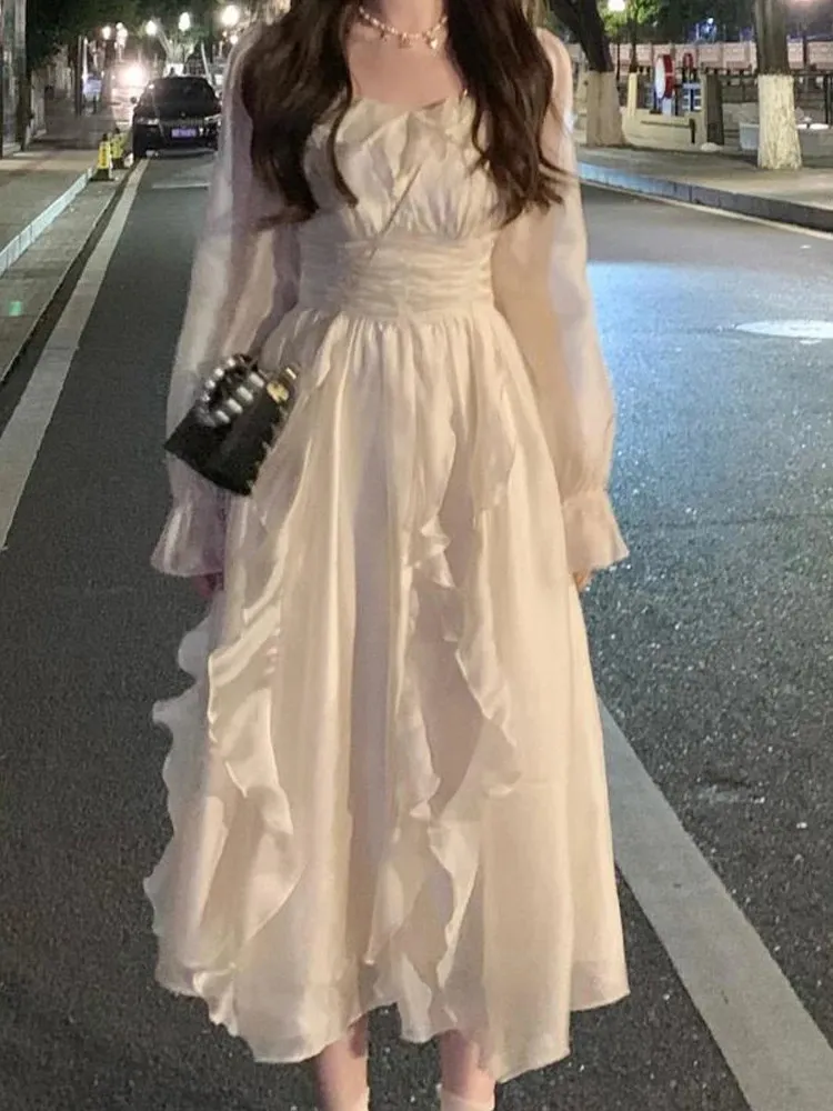 Elegant Sweet Fairy Dres Spring Summer Long Sleeve Midi Dress Korean Fashion Vintage Solid Color High midja A Line 240117