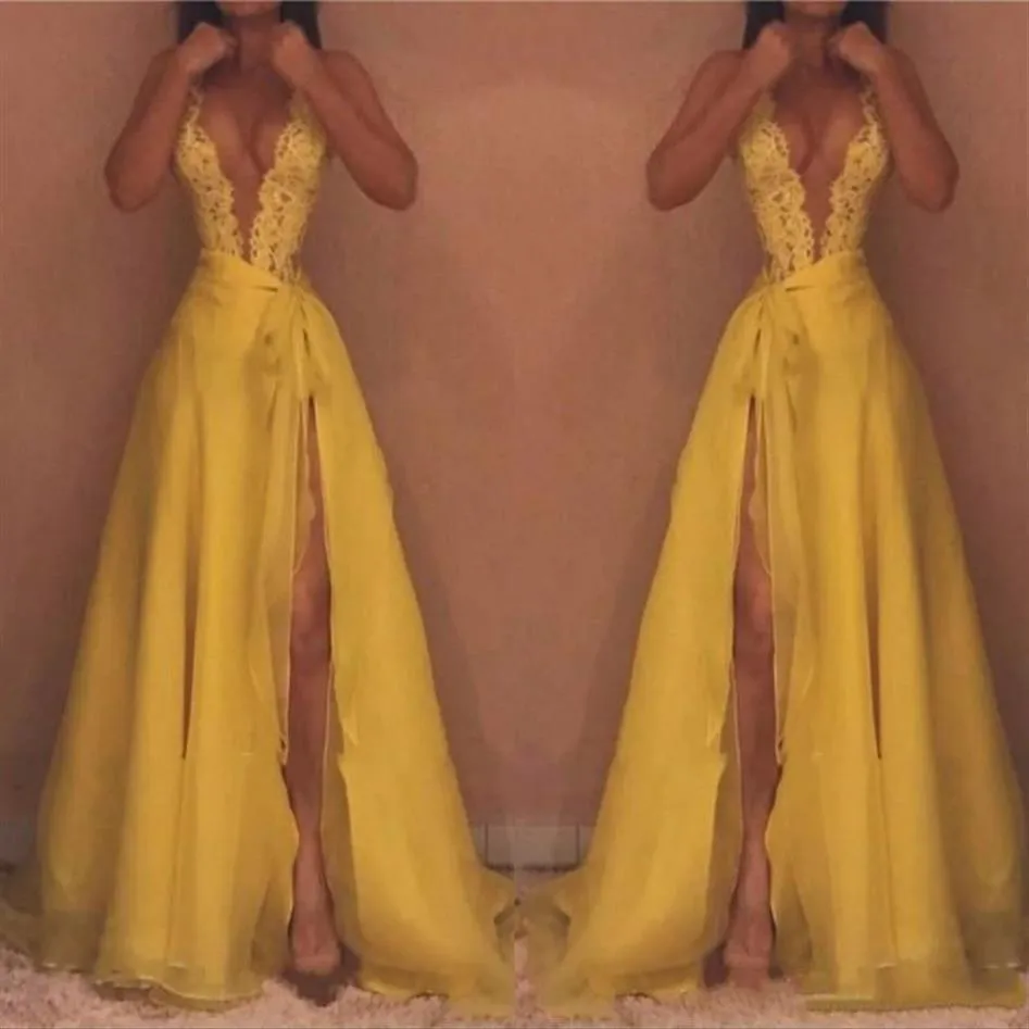 Cheap Yellow Prom Dresses Simple Sexy Deep V Neck Draped Long Side Split Party Dress Evening Wear Custom Vintage300g