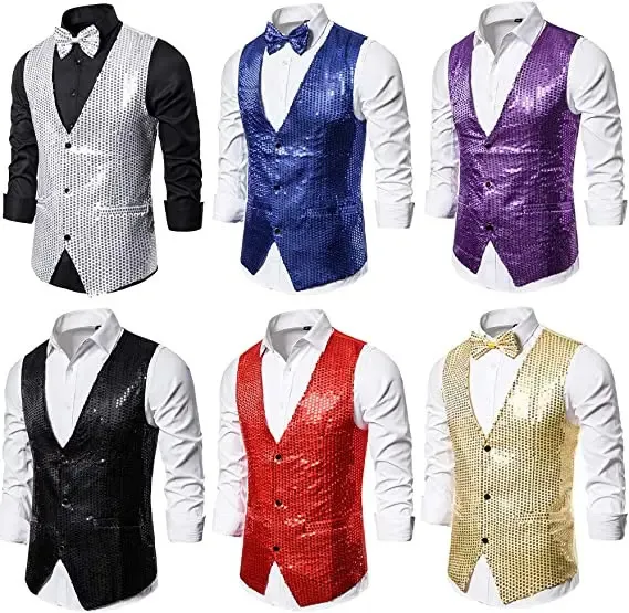 Male Sequin Blazer Button Waistcoat Vest with Bow Tie Fashion Men's Business Evening Wedding Party Glitter Sleeveless Slim Vest 240117