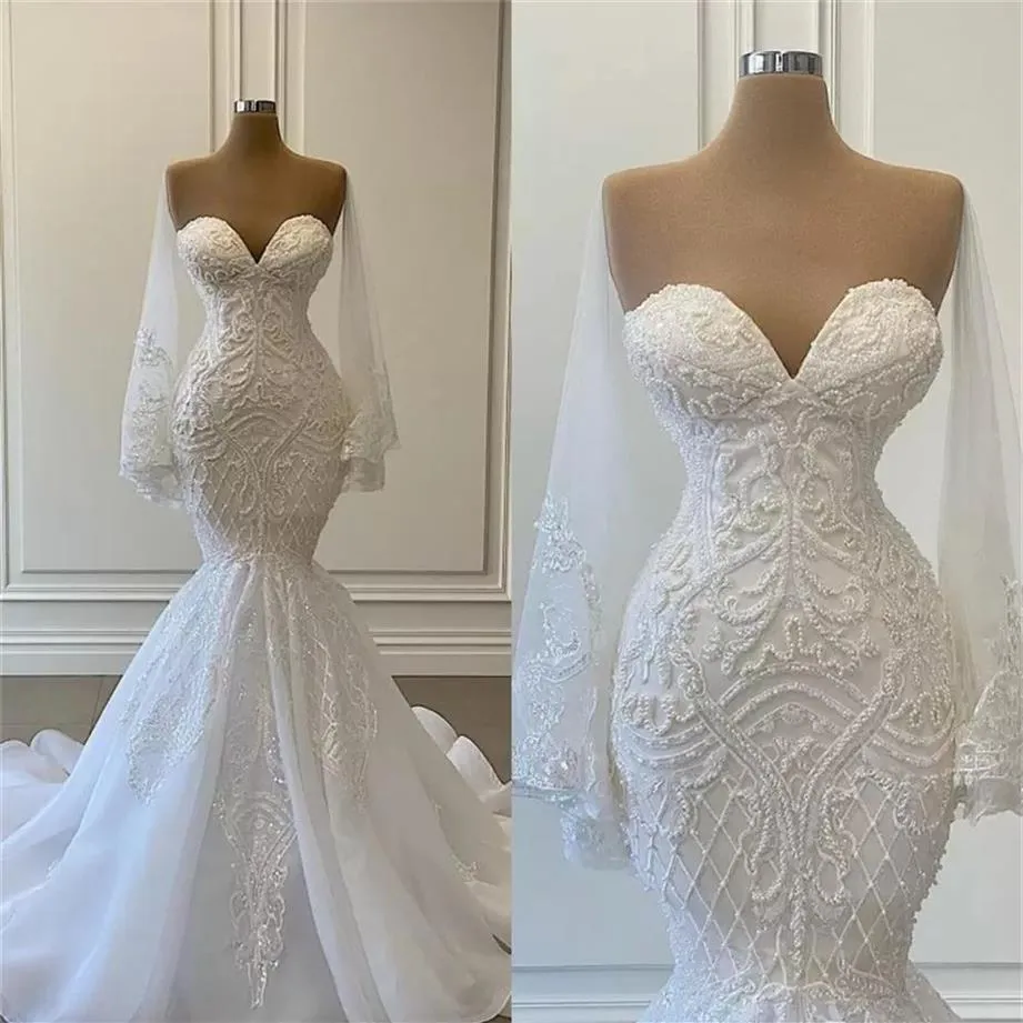 Elegante weiße Meerjungfrau Brautkleider Brautkleider Perlen Spitze Applikation Nigerian Arabisch Hochzeitskleid Robe De Marie265K