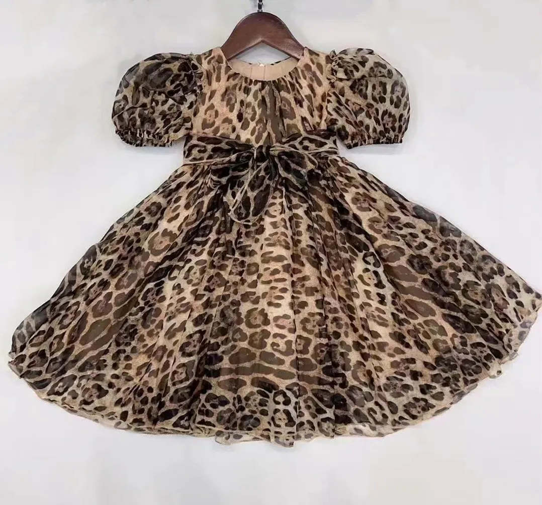 Vestido de retalhos de leopardo para garotas de menina, vestido de decoração de malha curta no pescoço redondo de decoração 90-150