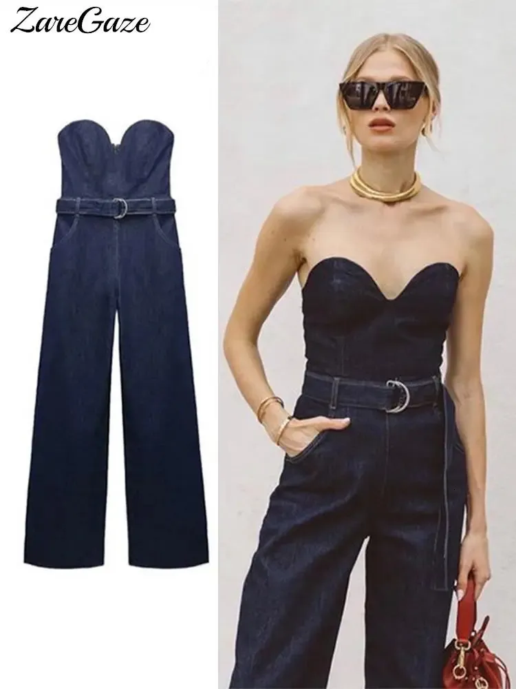 Frauen Schulterfreier Denim-Overall mit Gürtel, ärmellos, rückenfrei, Reißverschluss, gerade, lange Overalls, Sommermode, Strampler, Streetwear, 240116