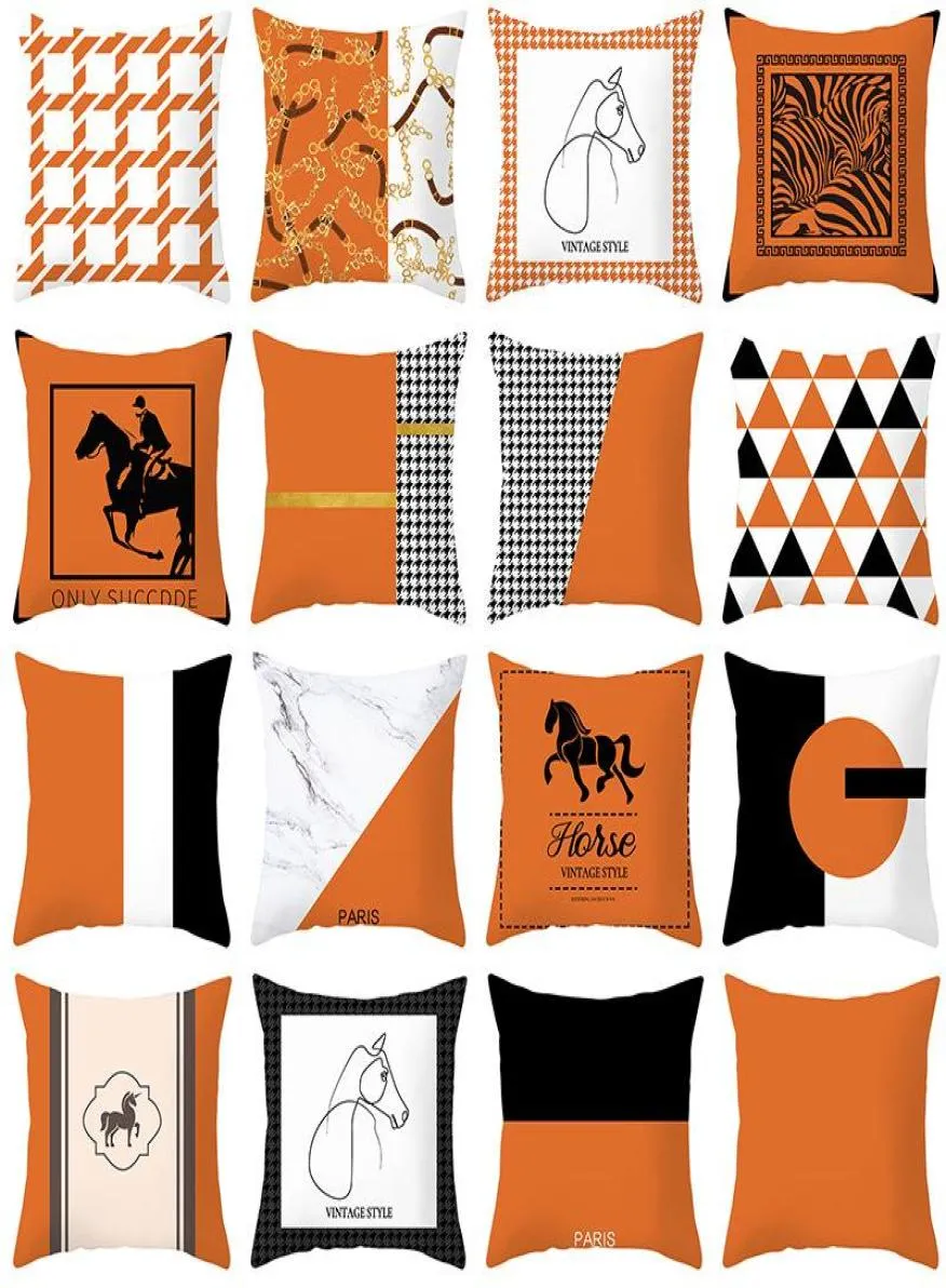 Coussin décoratif oreiller moderne nordique automne couleur orange géométrique plaid housse de coussin polyester automne décor taie d'oreiller canapé cou5957843
