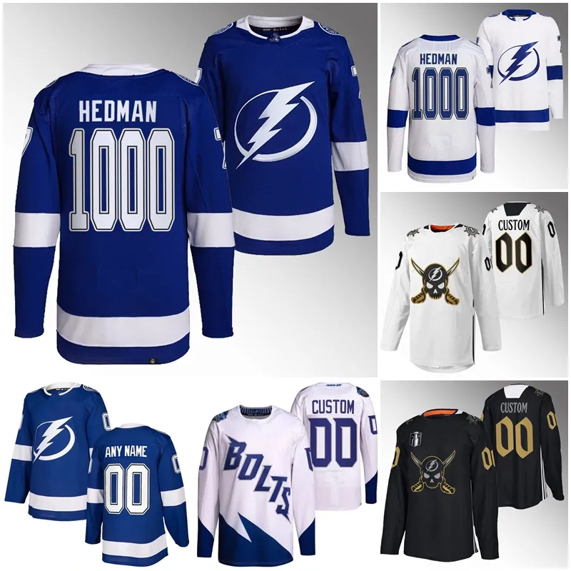 Victor Hedman 1000 Career Games Tampa Bay Blu Bianco 77 Maglia da hockey Authentic Home Away Lightnings