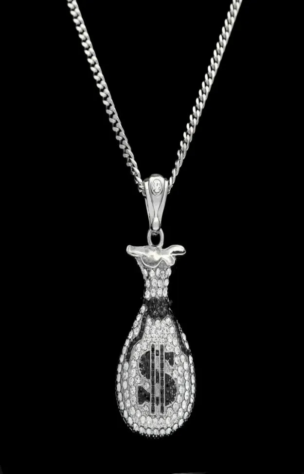 Hip Hop Gold Silver Cash Money Bag Wisiant dla mężczyzn Kobiety Bling Crystal Dollar Charm Naszyjnik z kubańskim łańcuchem 68883821