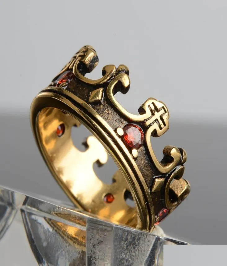 حلقات الفرقة Knight Templar Crown Titanium Steel Men Signet Ring Gold Sier Vintage Jewelry Punk Rock Male Rip Hip Hop Drop Relivern6545558