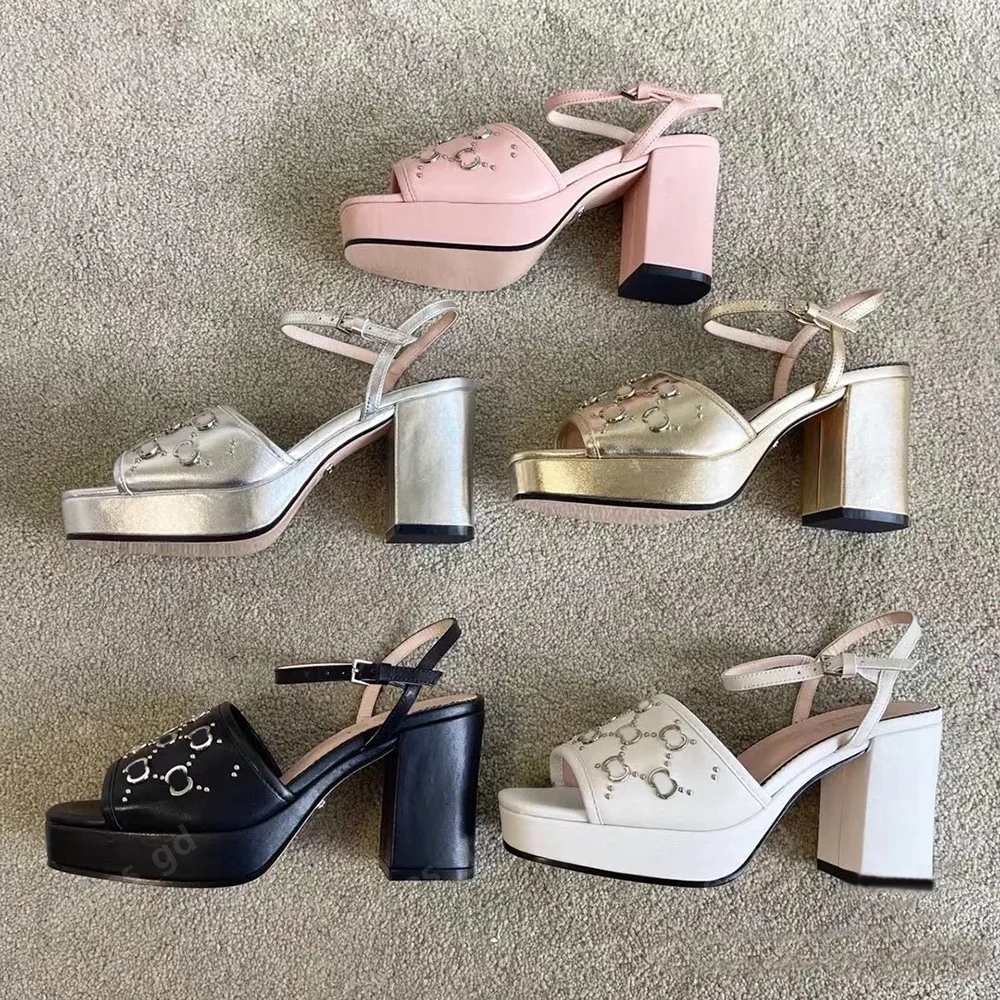 Women s 2024 Platform Sandals Chunky High Heel Ankle Strap Buckle Heeled Block Heel Sandal Soft Leather Stud detailed Luxury Designers Shoes for