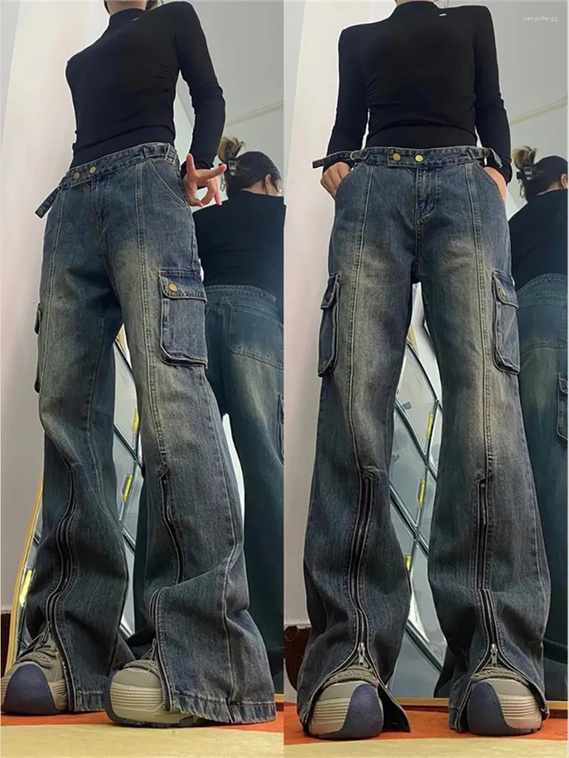 Женские джинсы Мешковатые женские широкие расклешенные брюки на молнии Синие повседневные уличные брюки Y2k Винтажные свободные гранж-стрит Джинсовые брюки-клеш